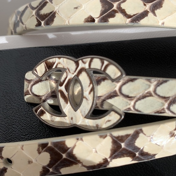 CHANEL Python Cream Brown Snake & Leather Skinny Belt CC Logo w/ Matte Silver HW - Picture 10 of 16